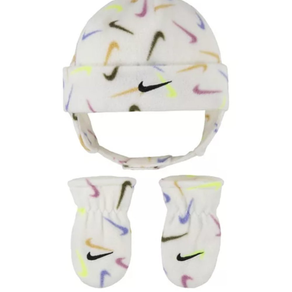 🆕 Toddler Nike Trapper Hat & Mittens Set Allover Swoosh Logo Print